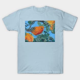 Tropical Hawaiian Bird: 'Akepa with Orange Ohia T-Shirt